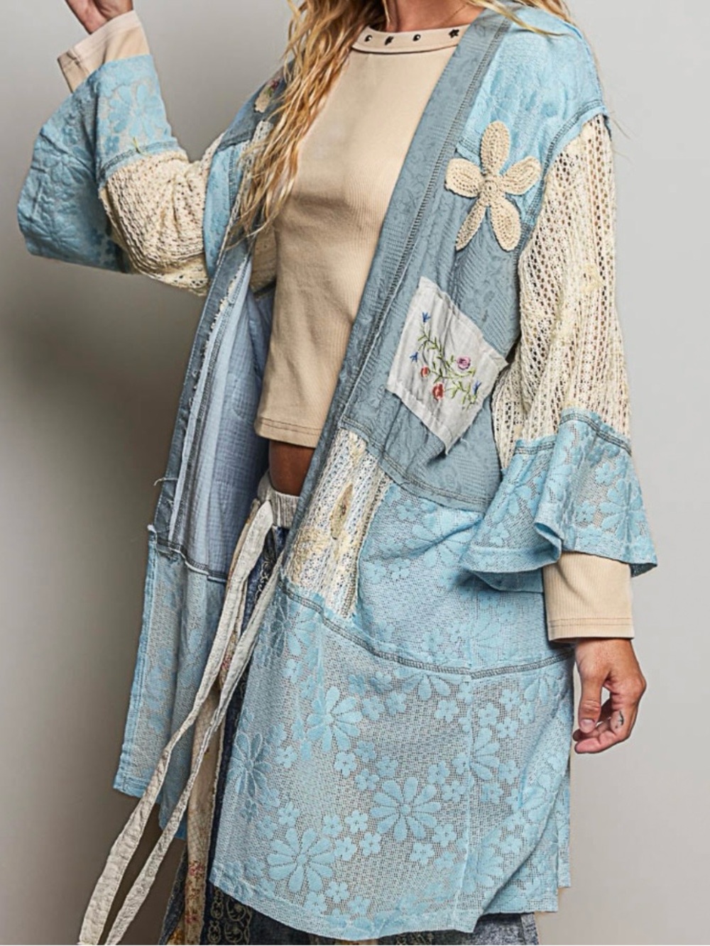 🤗 POL- Blue Patchwork Kimono Cardigan - Picture 3 of 5